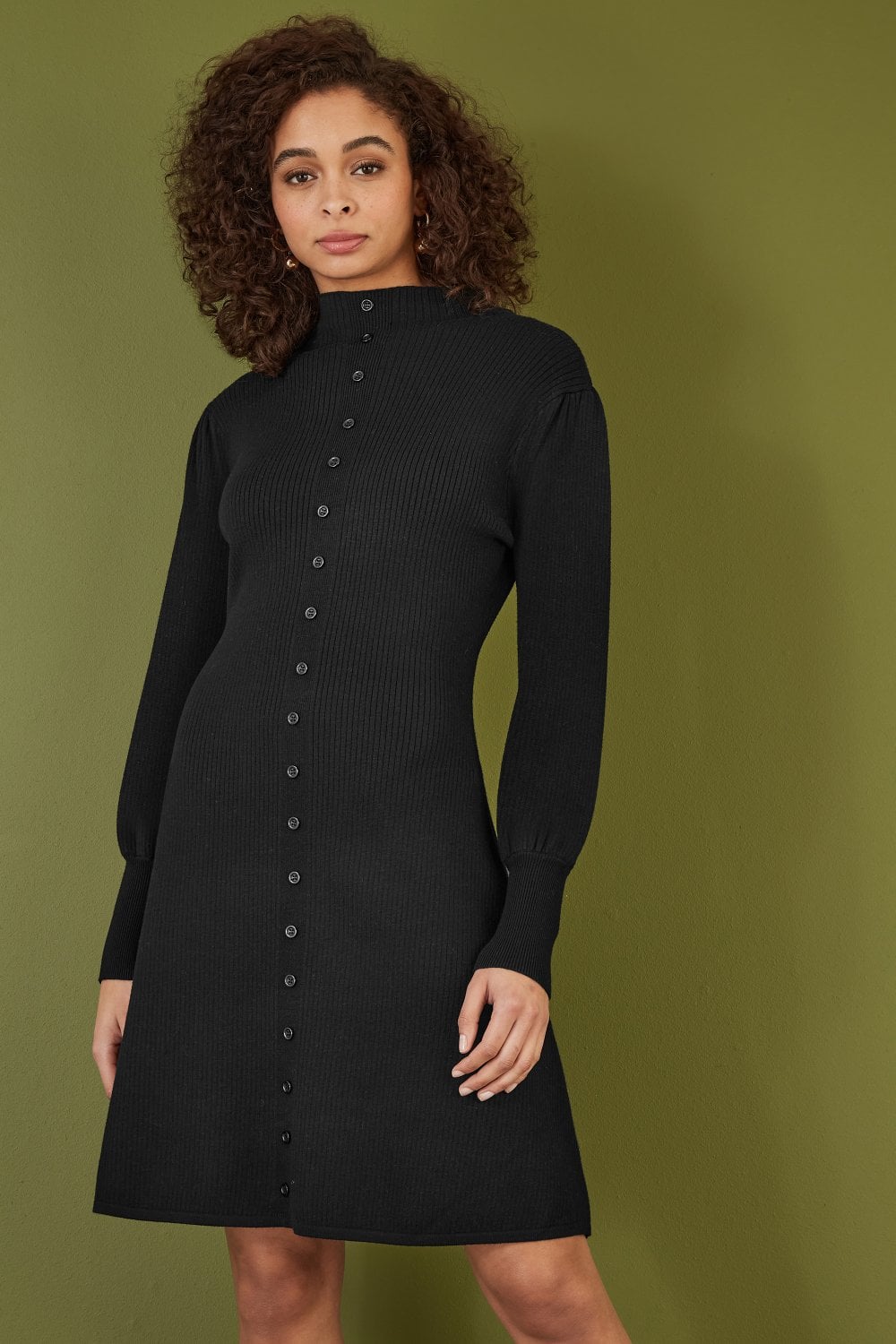Yumi Black Knitted Button Up Midi Dress With Balloon Sleeves
