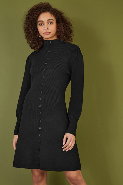 Yumi Black Knitted Button Up Midi Dress With Balloon Sleeves