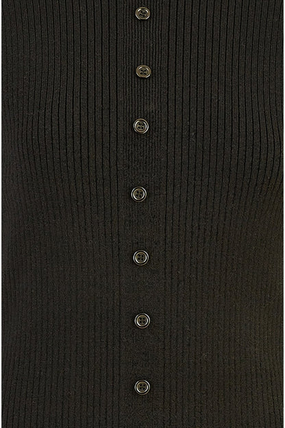 Yumi Black Knitted Button Up Midi Dress With Balloon Sleeves