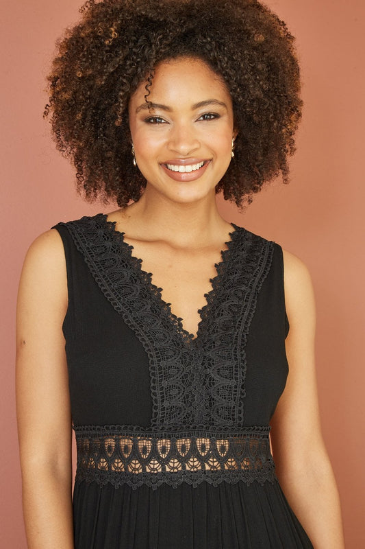 Yumi Black Lace Trim Cotton Midi Sun Dress