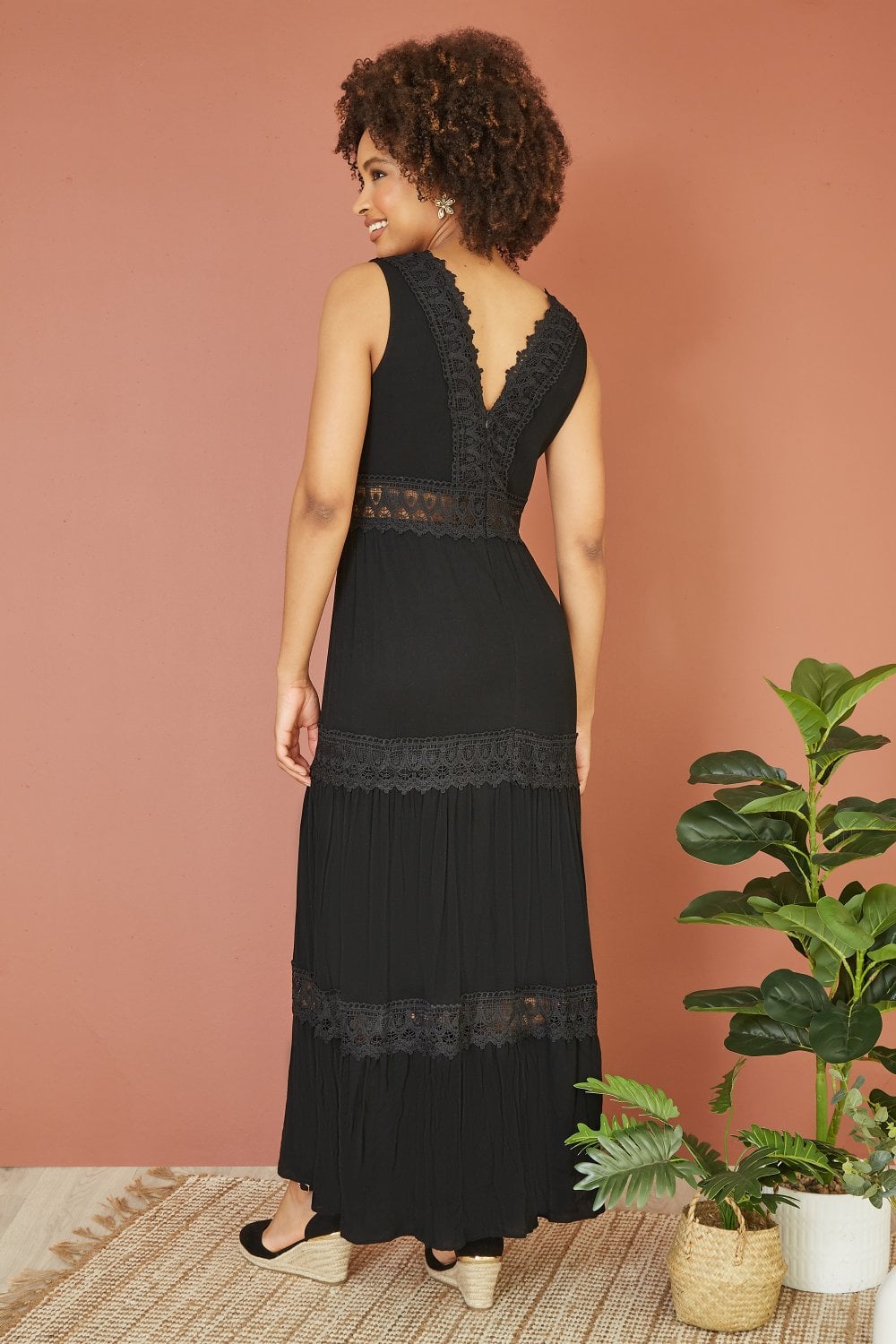 Yumi Black Lace Trim Cotton Midi Sun Dress