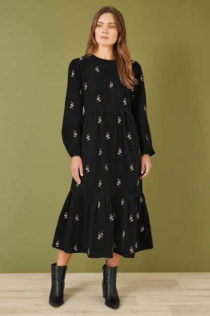 Yumi Black Long Sleeve Midi Dress With Floral Embroidery