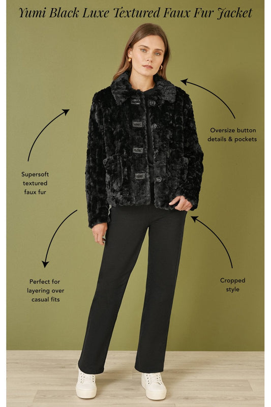Yumi Black Luxe Textured Faux Fur Jacket With Pockets