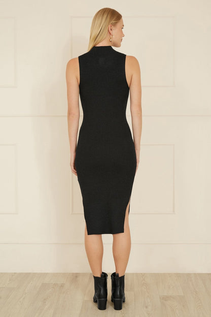 Yumi Black Metallic Fitted High Neck Midi Dress