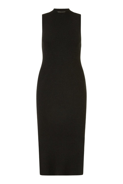 Yumi Black Metallic Fitted High Neck Midi Dress