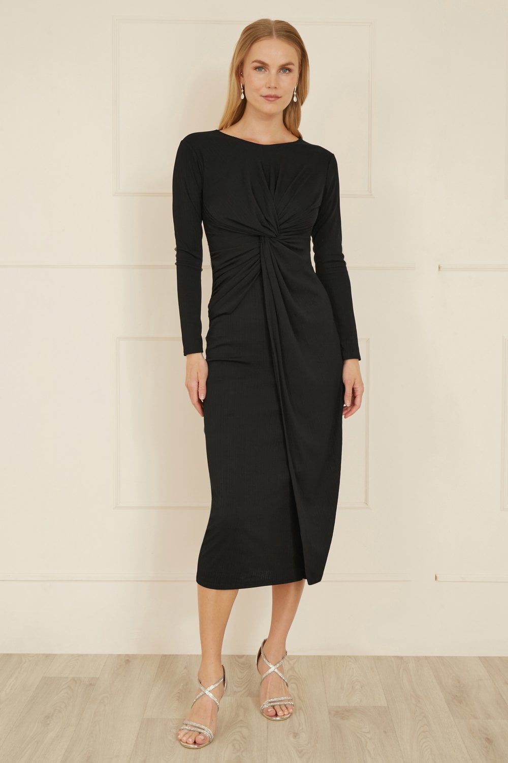 Yumi Black Midi Fitted Stretch Dress With Knot Detail