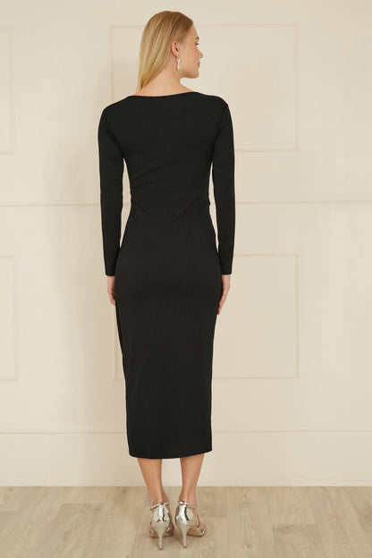 Yumi Black Midi Fitted Stretch Dress With Knot Detail
