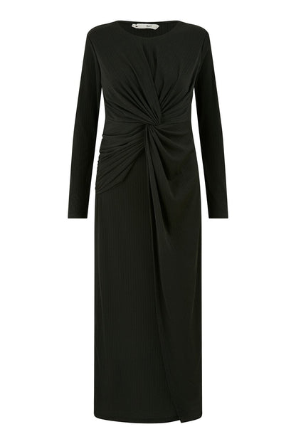 Yumi Black Midi Fitted Stretch Dress With Knot Detail