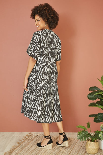 Yumi Black Organic Cotton Animal Print Tiered Tunic Dress
