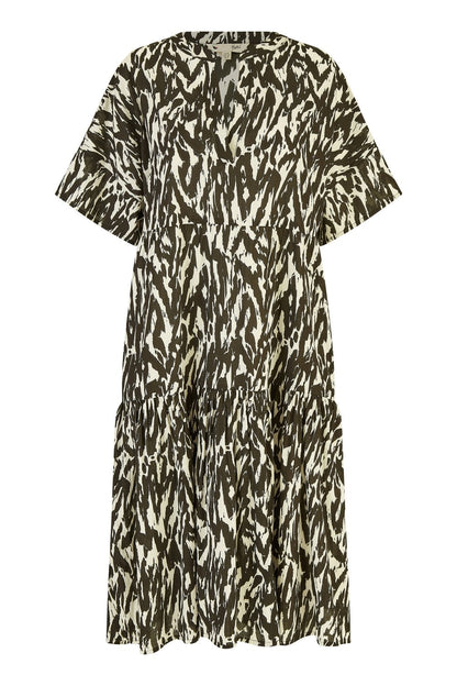 Yumi Black Organic Cotton Animal Print Tiered Tunic Dress