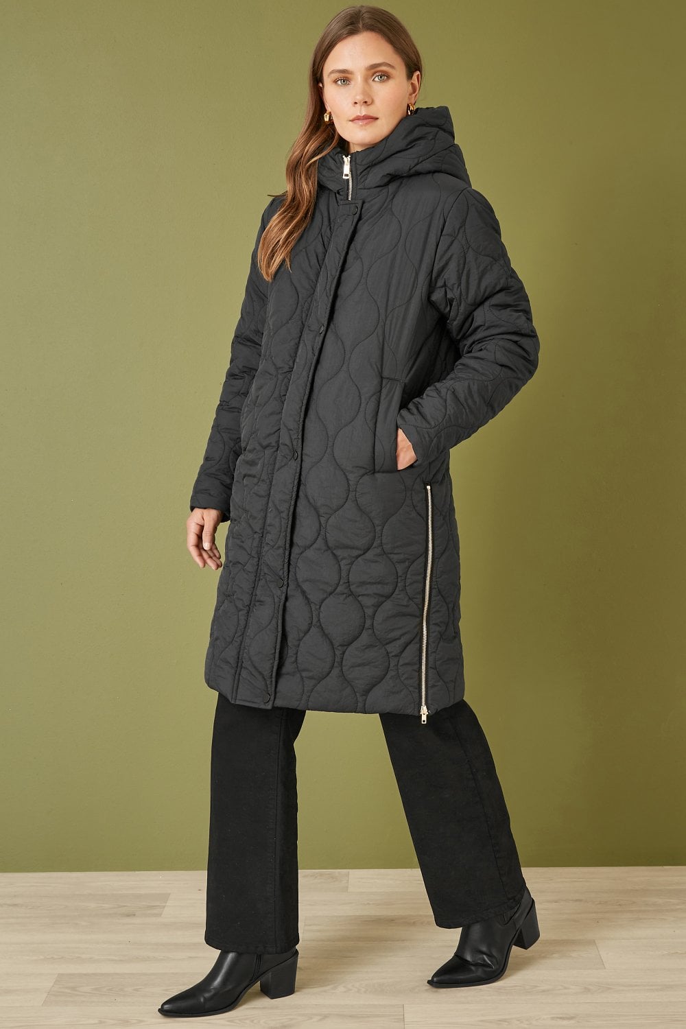 Yumi Black Padded Quilted Long Coat With Zip Detail And Hood
