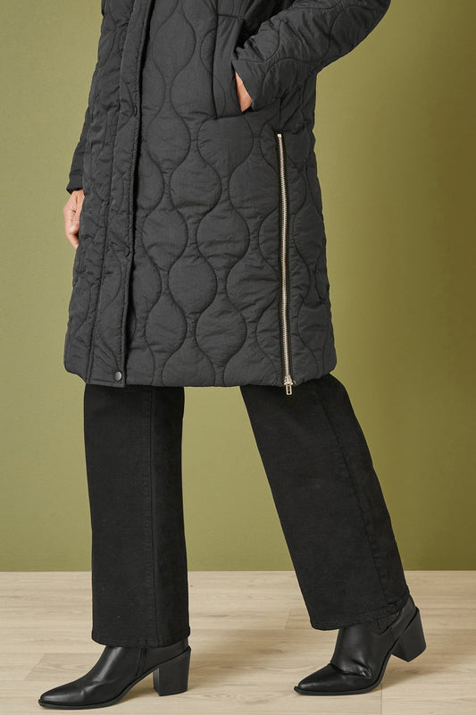 Yumi Black Padded Quilted Long Coat With Zip Detail And Hood