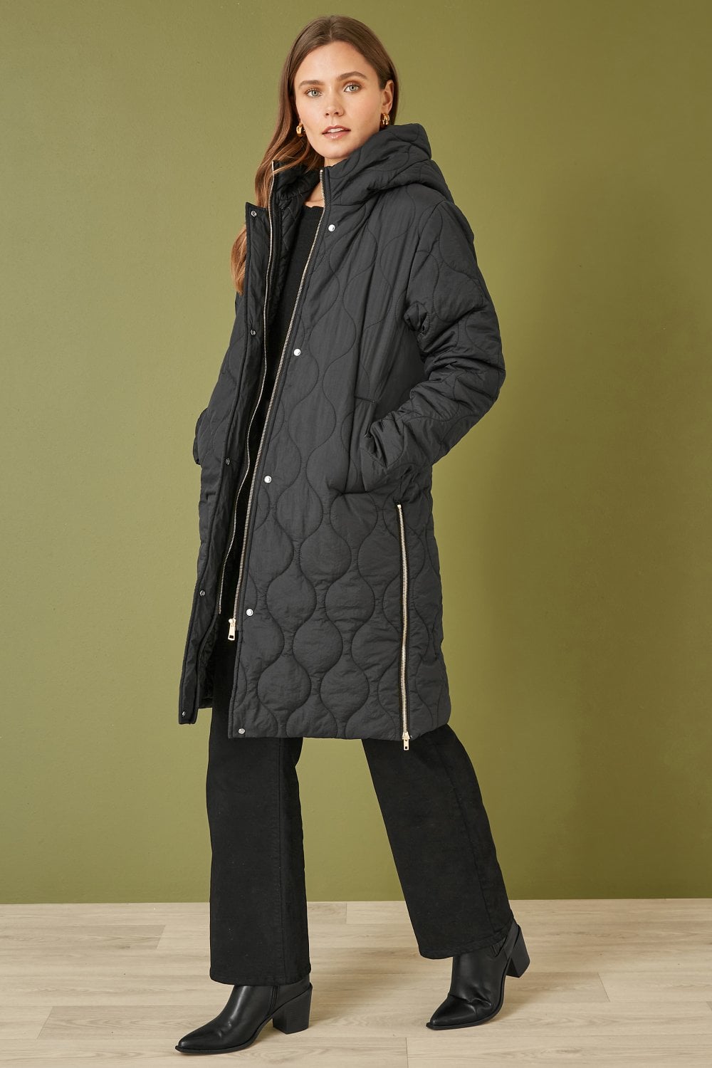 Yumi Black Padded Quilted Long Coat With Zip Detail And Hood