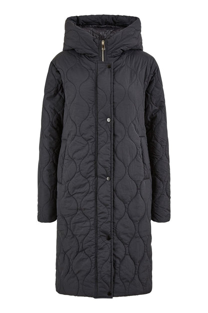 Yumi Black Padded Quilted Long Coat With Zip Detail And Hood