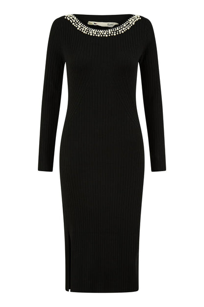Yumi Black Pearl Neckline Fitted Midi Knitted Dress