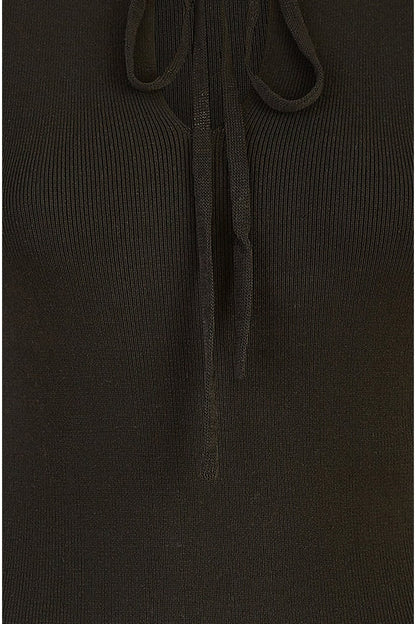 Yumi Black Rib Knit Fitted Dress With Sheer Sleeve Design