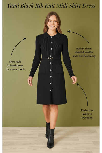 Yumi Black Rib Knit Midi Shirt Dress With Snaffle Belt