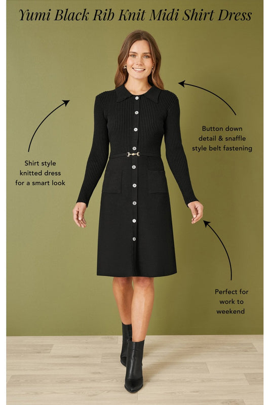 Yumi Black Rib Knit Midi Shirt Dress With Snaffle Belt
