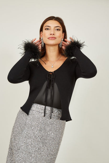Yumi Black Ribbed Bolero With Feather Cuffs