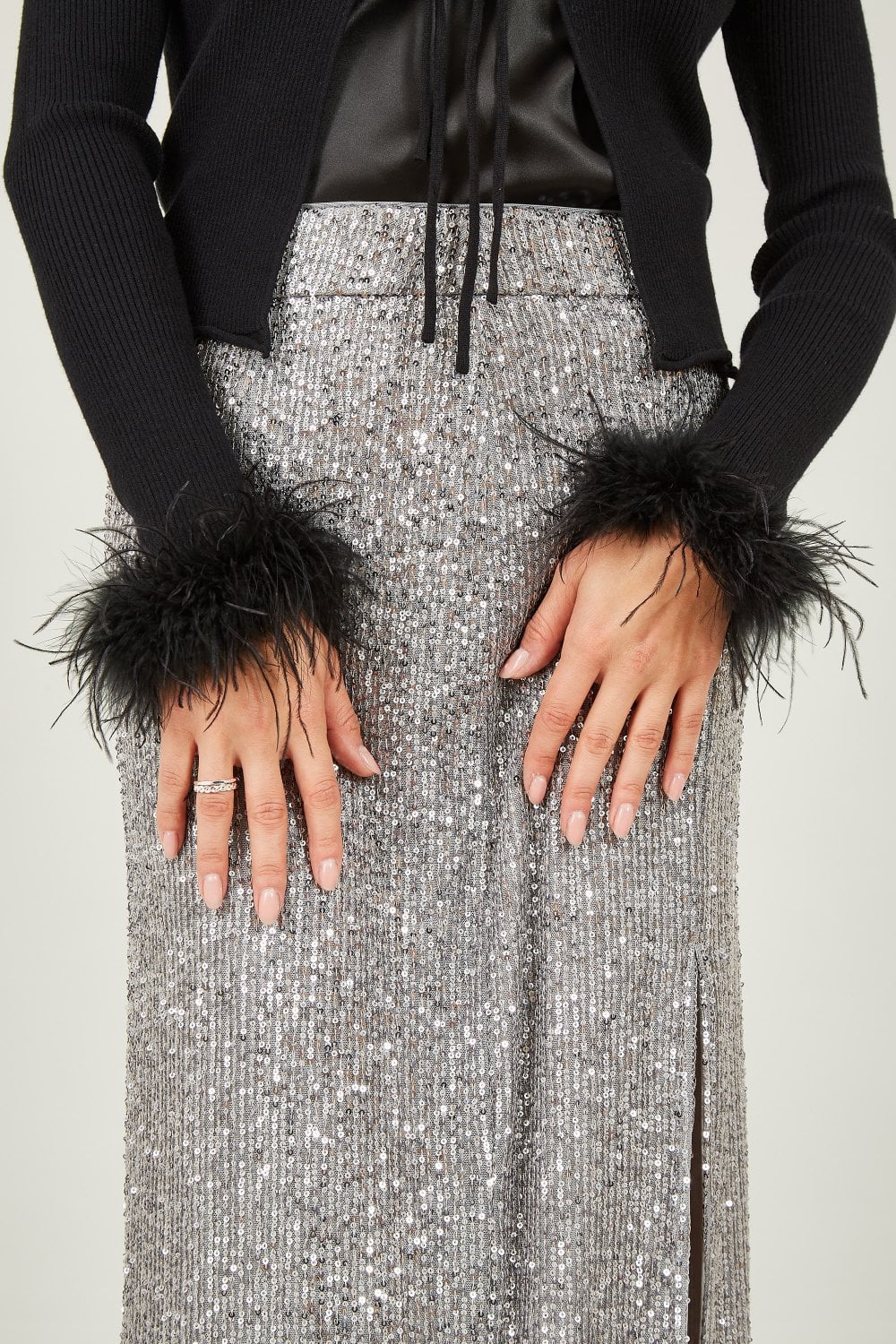 Yumi Black Ribbed Bolero With Feather Cuffs