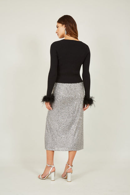 Yumi Black Ribbed Bolero With Feather Cuffs