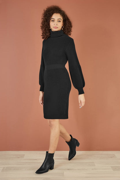 Yumi Black Roll Neck Knitted Dress With Fitted Waist