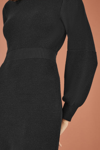 Yumi Black Roll Neck Knitted Dress With Fitted Waist