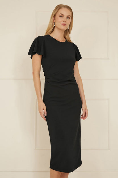 Yumi Black Ruched Waist Stretch Midi Dress