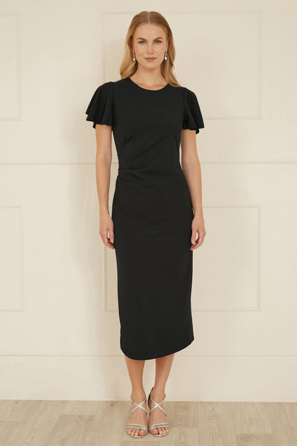 Yumi Black Ruched Waist Stretch Midi Dress