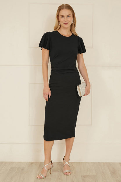 Yumi Black Ruched Waist Stretch Midi Dress