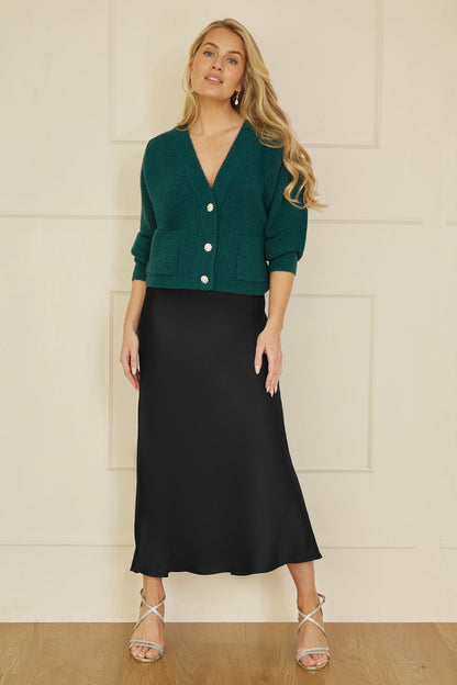 Yumi Black Satin Midi Skirt