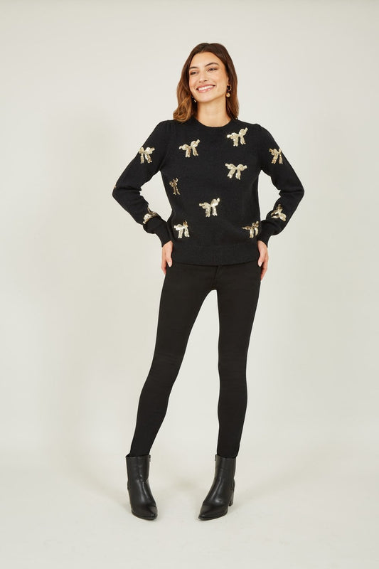 Yumi Black Sequin All Over Applique Bow Knitted Jumper