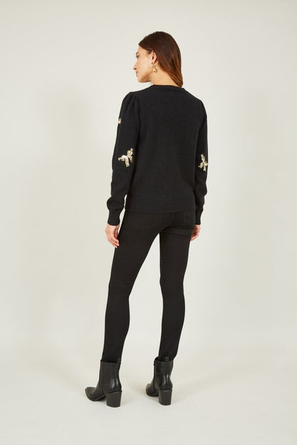Yumi Black Sequin All Over Applique Bow Knitted Jumper