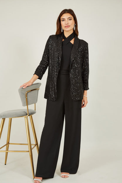 Yumi Black Sequin Blazer With Pockets