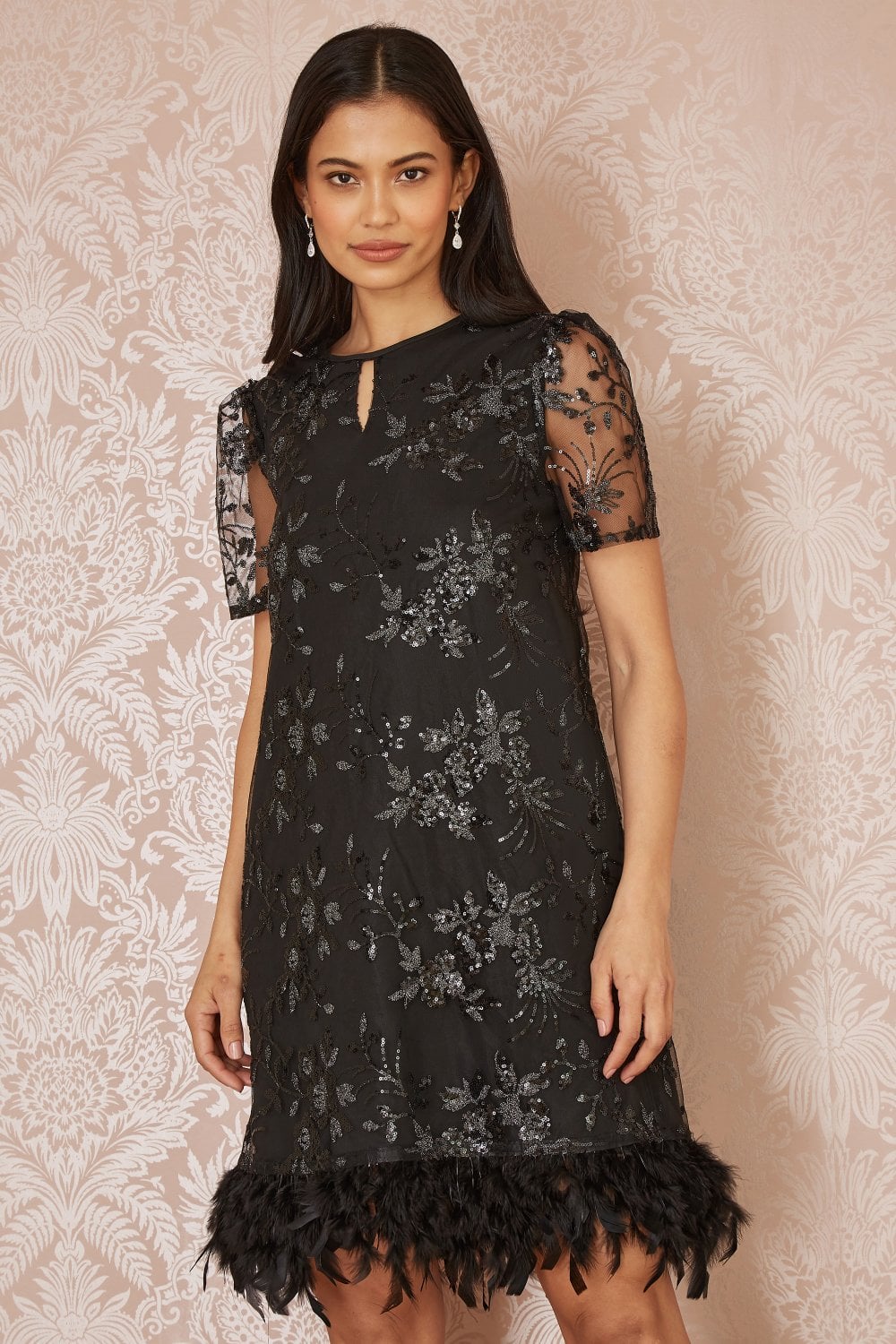 Yumi Black Sequin Embroidered Tunic Dress With Feather Trim Hemline