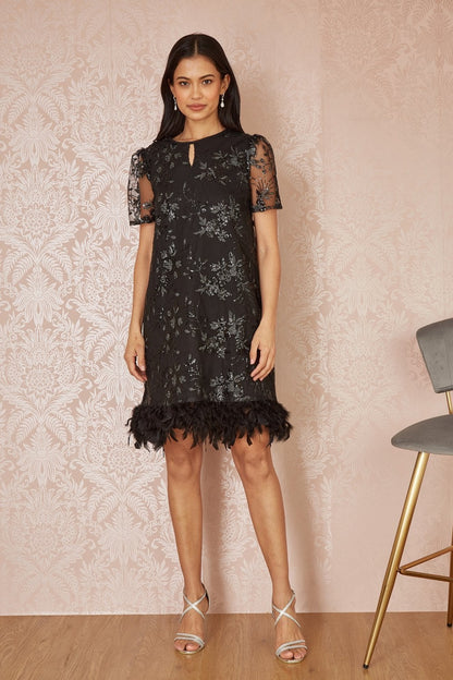 Yumi Black Sequin Embroidered Tunic Dress With Feather Trim Hemline