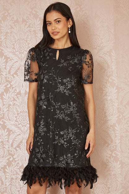 Yumi Black Sequin Embroidered Tunic Dress With Feather Trim Hemline