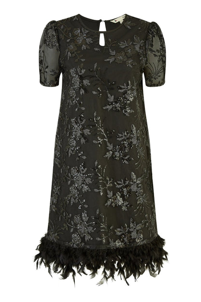 Yumi Black Sequin Embroidered Tunic Dress With Feather Trim Hemline