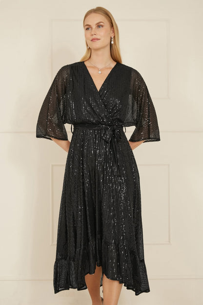 Yumi Black Sequin Kimono Midi Wrap Dress