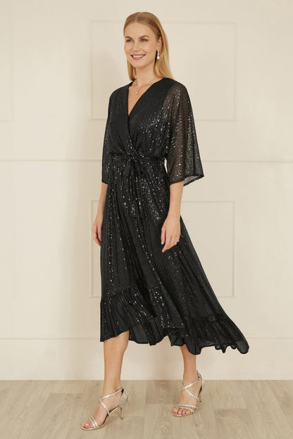 Yumi Black Sequin Kimono Midi Wrap Dress