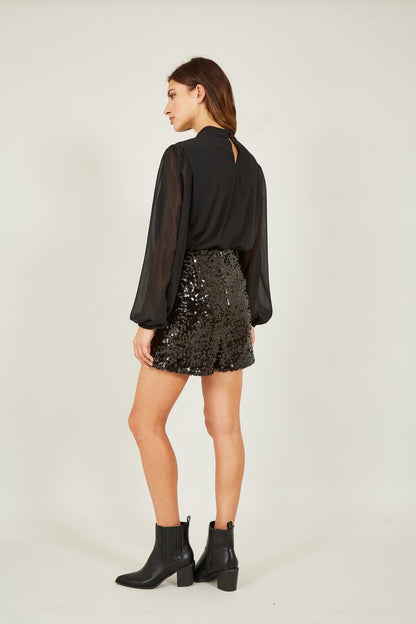 Yumi Black Sequin Mini Shorts