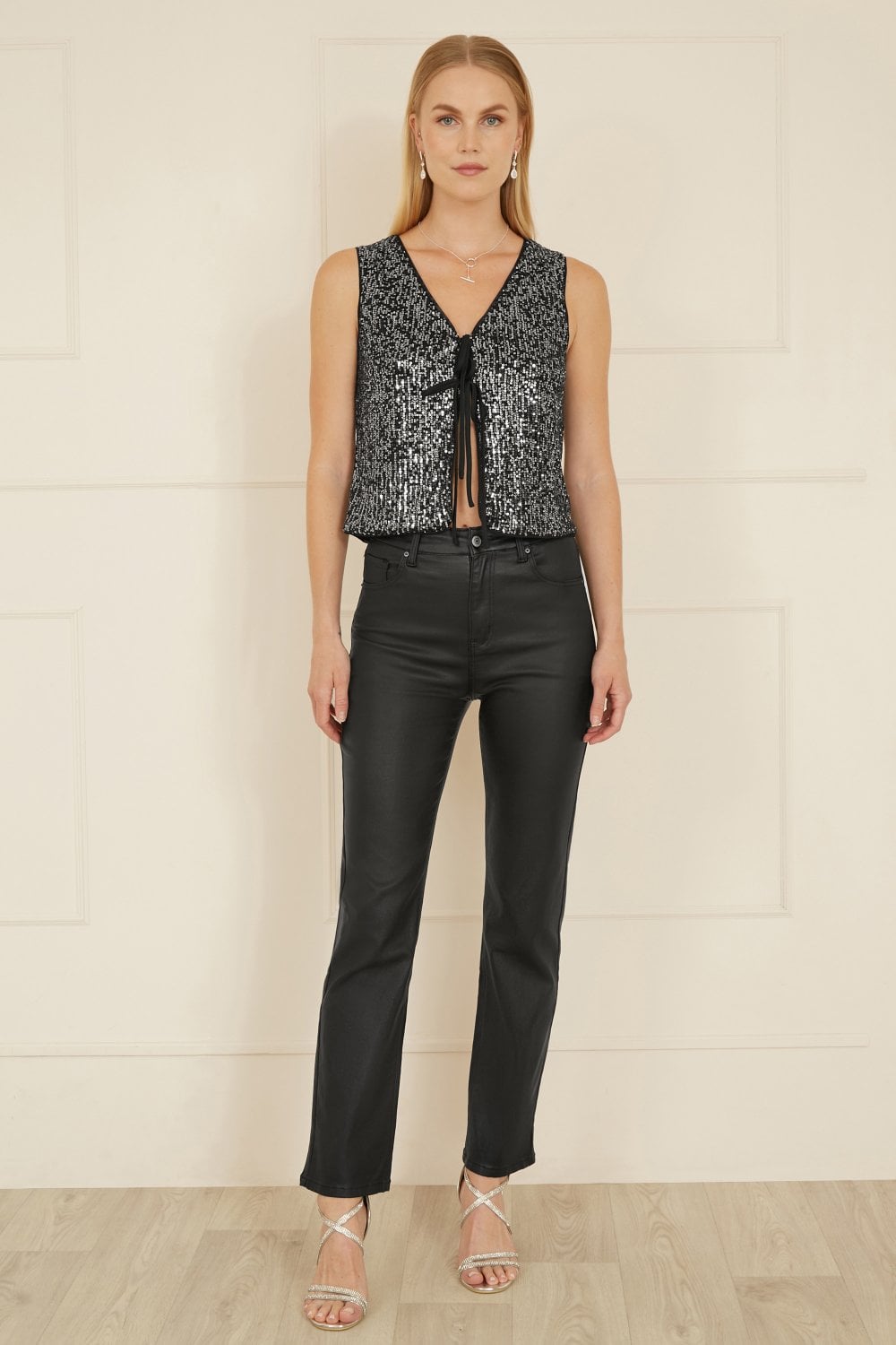 Yumi Black Sequin Tie Front Waistcoat