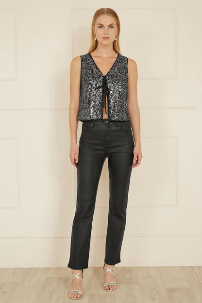 Yumi Black Sequin Tie Front Waistcoat