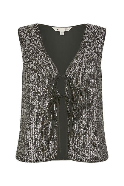 Yumi Black Sequin Tie Front Waistcoat