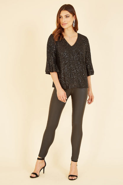 Yumi Black Sequin Top With Fluted Sleeve