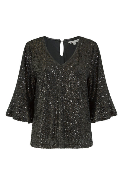 Yumi Black Sequin Top With Fluted Sleeve