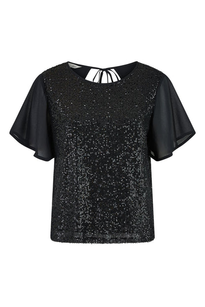 Yumi Black Sequin Top With Sheer Sleeves And Cut Out Back