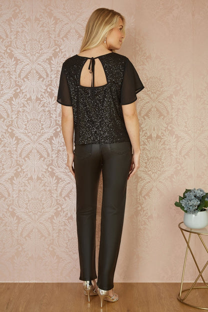 Yumi Black Sequin Top With Sheer Sleeves And Cut Out Back