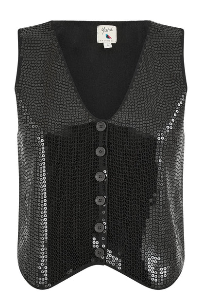 Yumi Black Sequin Waistcoat With Knitted Back