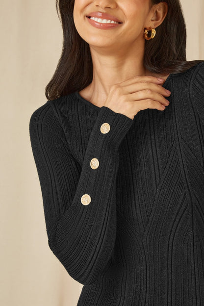 Yumi Black Shimmer Fitted Midi Dress With Button